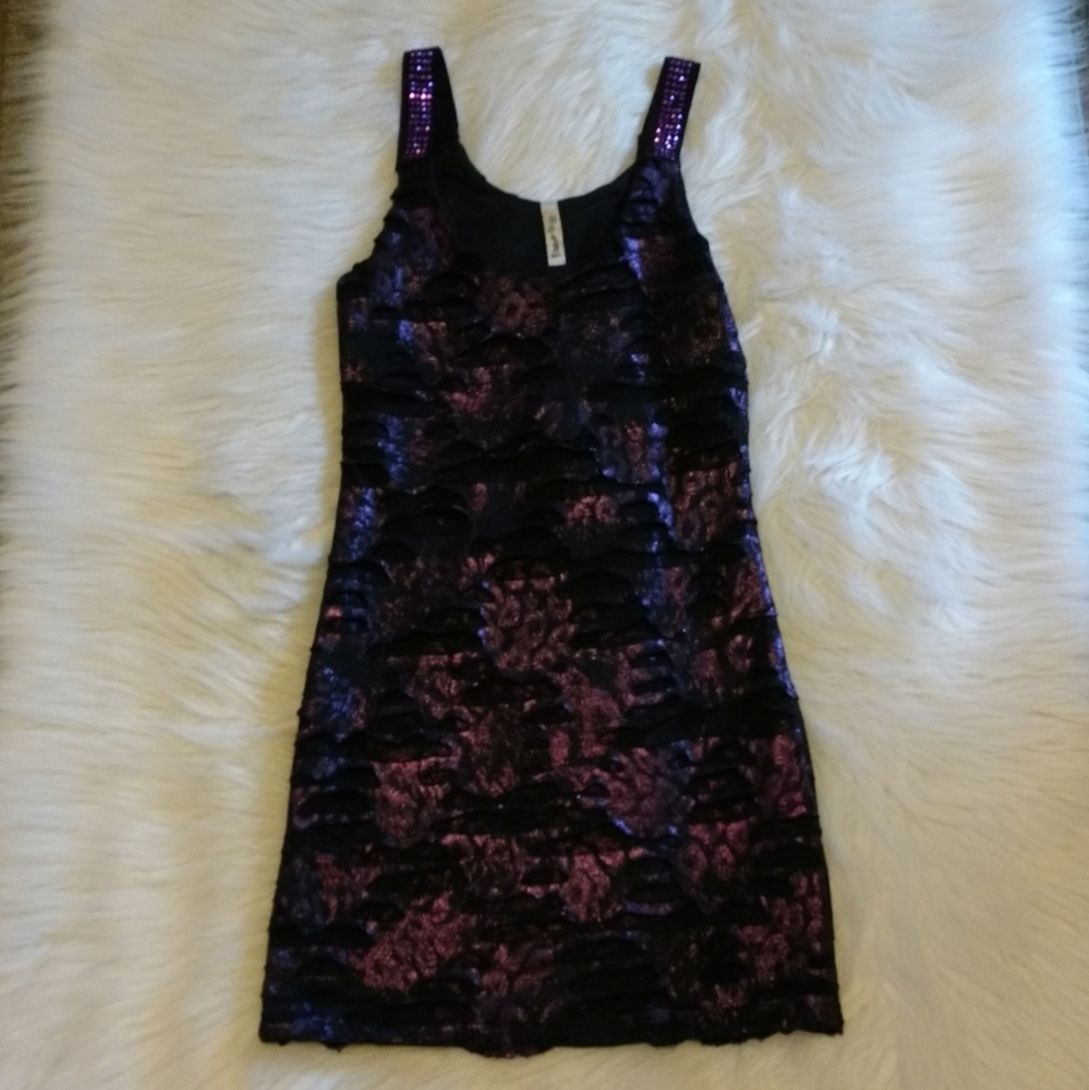 Sexy Metallic Purple Slasher Rhinestone Bodycon Mini Yoyo5 Dress - Picture 4 of 17